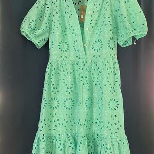 J crew puff sleeve eyelet tier dress mint button up